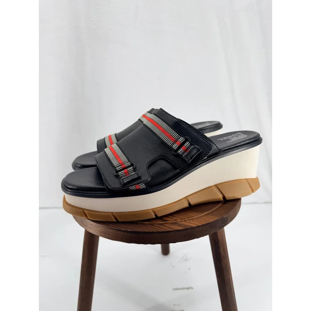 NWOB Sorel Joanie III Slide Sandals Black Red‎ 12 Wedge Heel Chunky Open Toe
